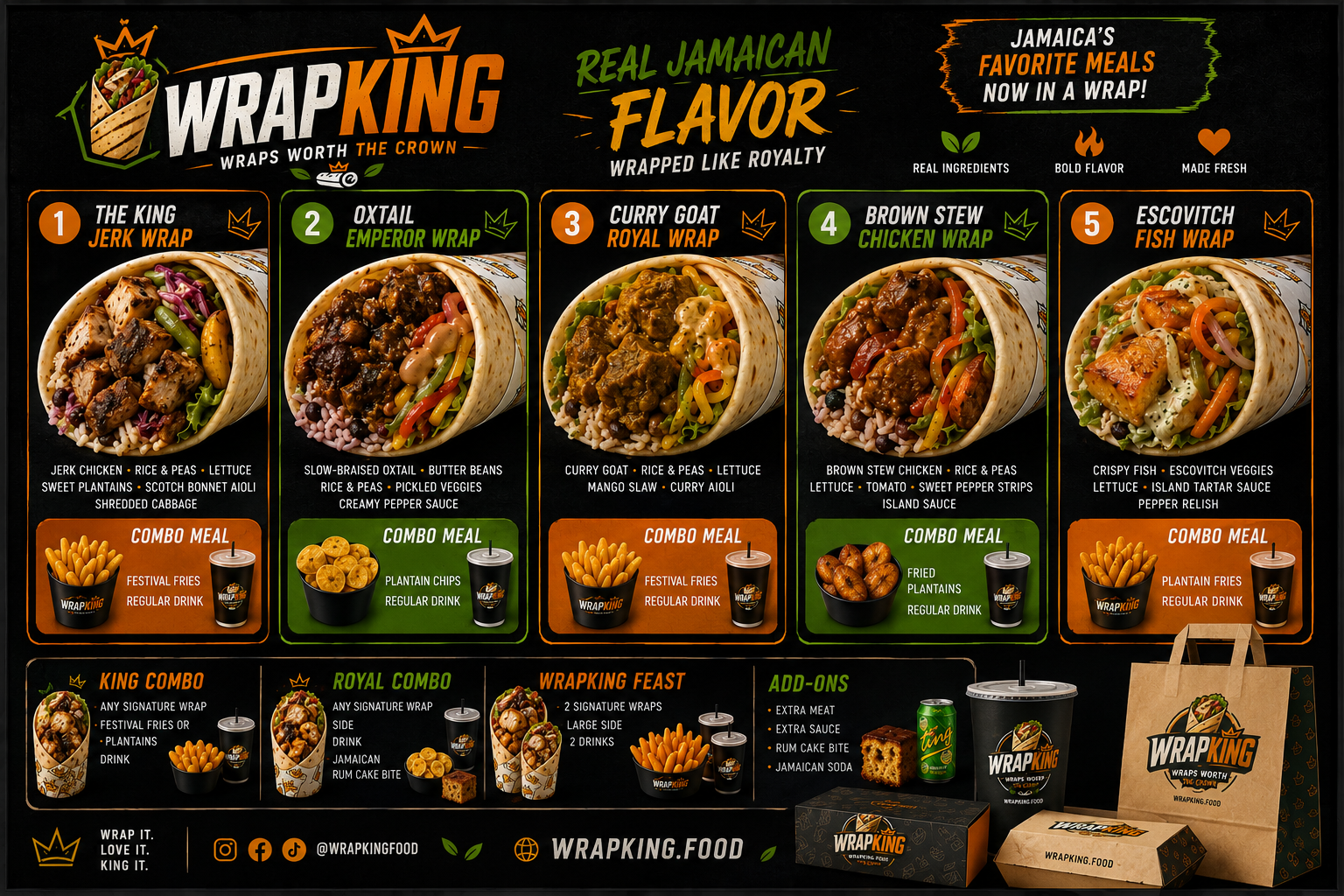 WRAPKING signature wraps, combos, add-ons, and branded packaging menu board