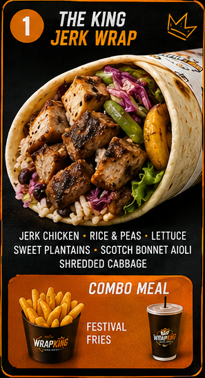 The King Jerk Wrap menu card