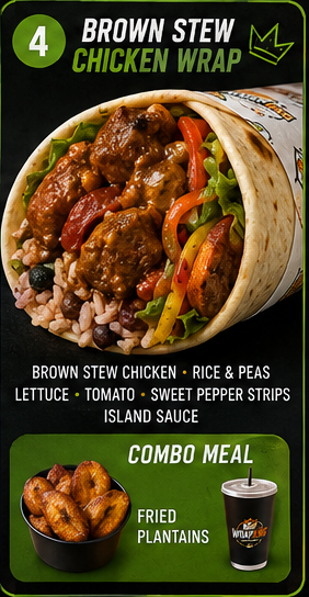 Brown Stew Chicken Wrap menu card